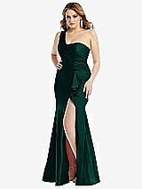 Front View Thumbnail - Evergreen One-Shoulder Bustier Stretch Satin Mermaid Dress with Cascade Ruffle