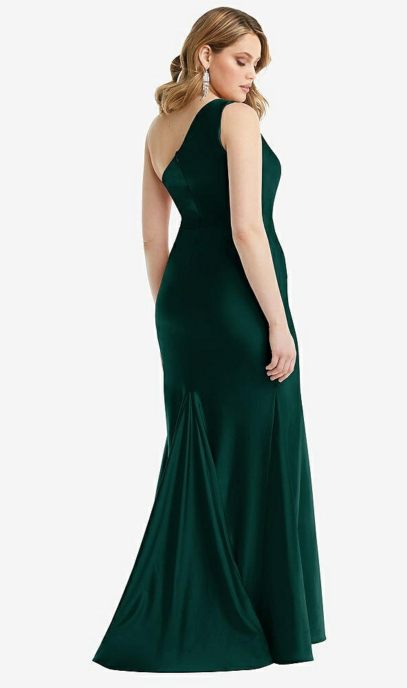 Back View - Evergreen One-Shoulder Bustier Stretch Satin Mermaid Dress with Cascade Ruffle
