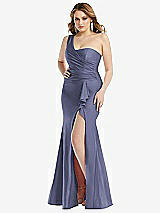 Front View Thumbnail - French Blue One-Shoulder Bustier Stretch Satin Mermaid Dress with Cascade Ruffle