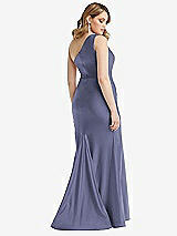 Rear View Thumbnail - French Blue One-Shoulder Bustier Stretch Satin Mermaid Dress with Cascade Ruffle