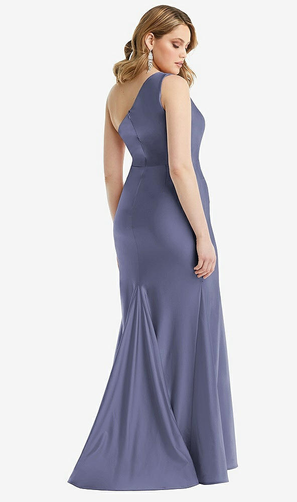 Back View - French Blue One-Shoulder Bustier Stretch Satin Mermaid Dress with Cascade Ruffle