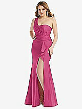 Front View Thumbnail - Tea Rose One-Shoulder Bustier Stretch Satin Mermaid Dress with Cascade Ruffle