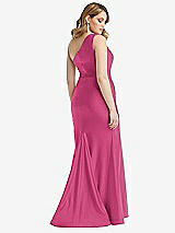 Rear View Thumbnail - Tea Rose One-Shoulder Bustier Stretch Satin Mermaid Dress with Cascade Ruffle