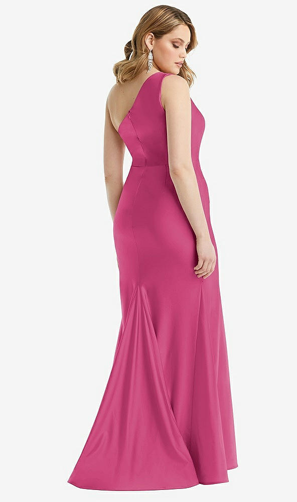 Back View - Tea Rose One-Shoulder Bustier Stretch Satin Mermaid Dress with Cascade Ruffle
