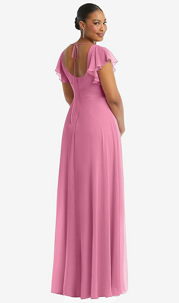 Back View - Orchid Pink Flutter Sleeve Scoop Open-Back Chiffon Maxi Dress