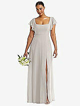 Front View Thumbnail - Oyster Flutter Sleeve Scoop Open-Back Chiffon Maxi Dress