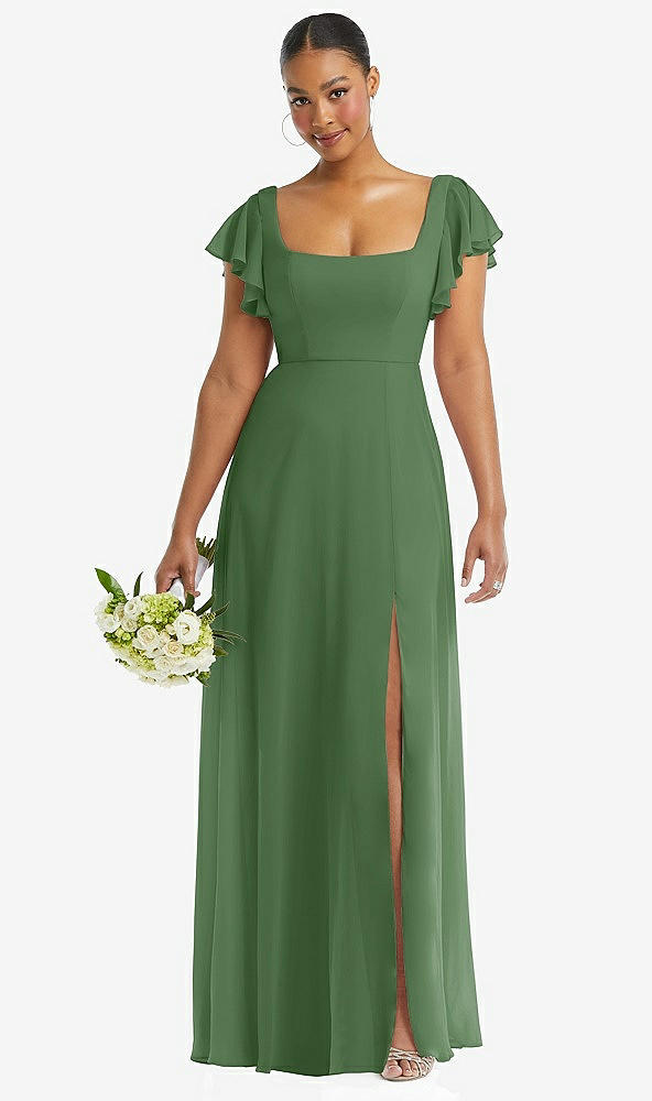 Front View - Vineyard Green Flutter Sleeve Scoop Open-Back Chiffon Maxi Dress