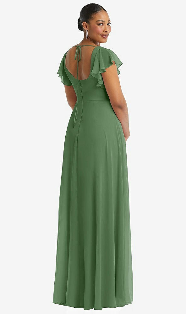 Back View - Vineyard Green Flutter Sleeve Scoop Open-Back Chiffon Maxi Dress