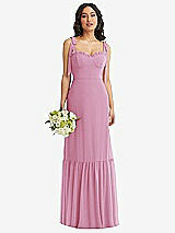 Front View Thumbnail - Powder Pink Tie-Shoulder Corset Bodice Ruffle-Hem Maxi Dress