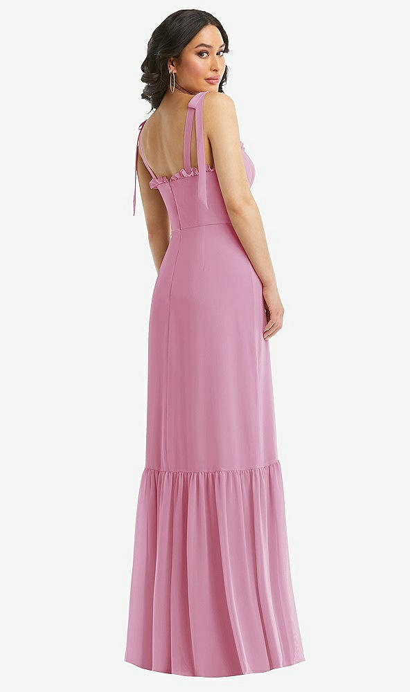 Back View - Powder Pink Tie-Shoulder Corset Bodice Ruffle-Hem Maxi Dress