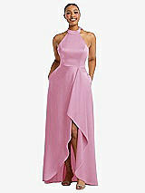 Front View Thumbnail - Powder Pink High-Neck Tie-Back Halter Cascading High Low Maxi Dress