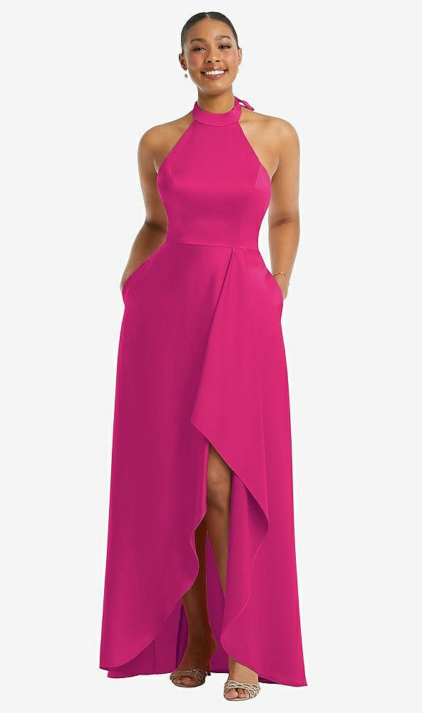 Front View - Think Pink High-Neck Tie-Back Halter Cascading High Low Maxi Dress
