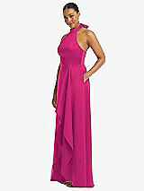 Side View Thumbnail - Think Pink High-Neck Tie-Back Halter Cascading High Low Maxi Dress