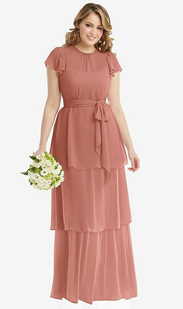 Front View - Desert Rose Flutter Sleeve Jewel Neck Chiffon Maxi Dress with Tiered Ruffle Skirt