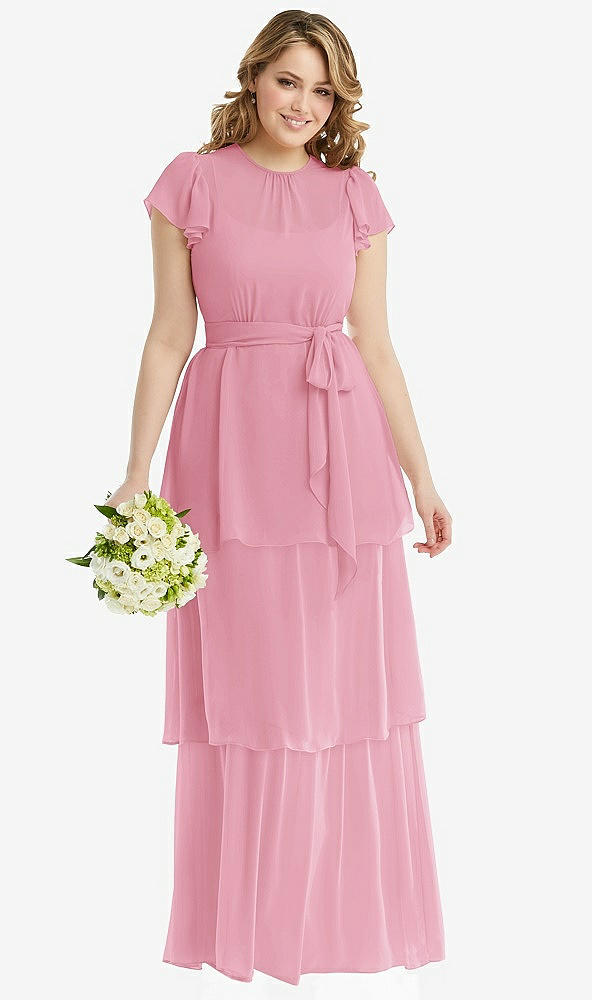 Front View - Peony Pink Flutter Sleeve Jewel Neck Chiffon Maxi Dress with Tiered Ruffle Skirt