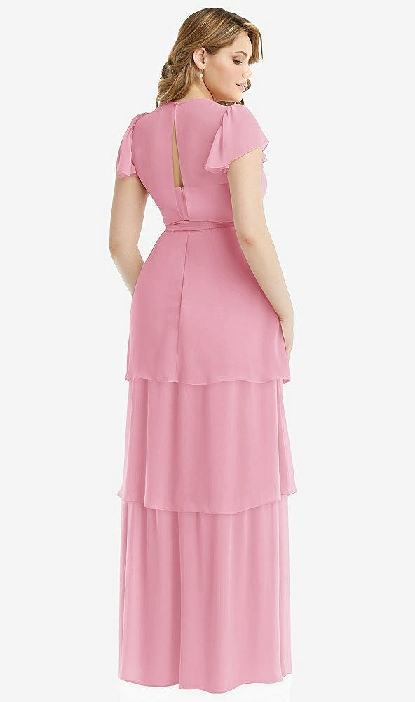 Back View - Peony Pink Flutter Sleeve Jewel Neck Chiffon Maxi Dress with Tiered Ruffle Skirt