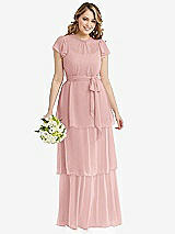 Front View Thumbnail - Rose - PANTONE Rose Quartz Flutter Sleeve Jewel Neck Chiffon Maxi Dress with Tiered Ruffle Skirt