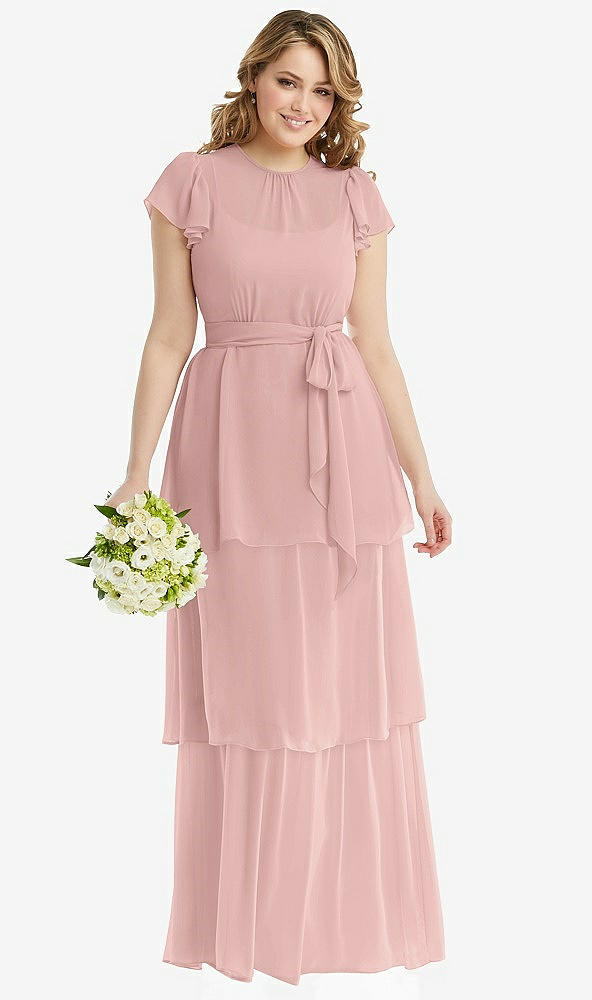 Front View - Rose - PANTONE Rose Quartz Flutter Sleeve Jewel Neck Chiffon Maxi Dress with Tiered Ruffle Skirt