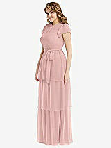 Side View Thumbnail - Rose - PANTONE Rose Quartz Flutter Sleeve Jewel Neck Chiffon Maxi Dress with Tiered Ruffle Skirt