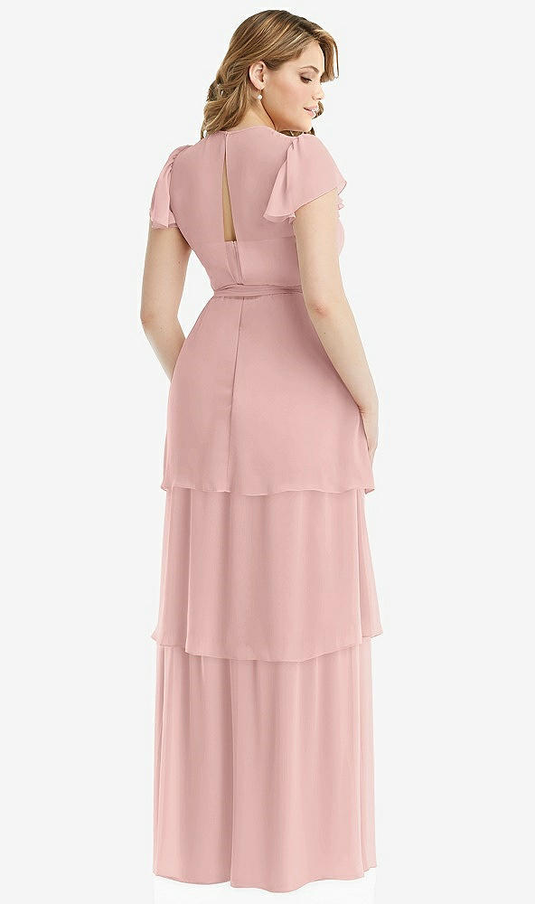 Back View - Rose - PANTONE Rose Quartz Flutter Sleeve Jewel Neck Chiffon Maxi Dress with Tiered Ruffle Skirt