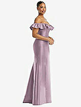 Alt View 4 Thumbnail - Suede Rose Off-the-Shoulder Ruffle Neck Satin Trumpet Gown