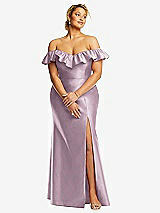 Front View Thumbnail - Suede Rose Off-the-Shoulder Ruffle Neck Satin Trumpet Gown