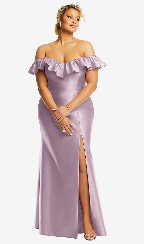 Front View - Suede Rose Off-the-Shoulder Ruffle Neck Satin Trumpet Gown