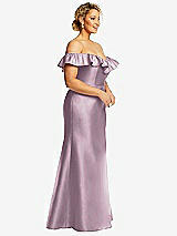Side View Thumbnail - Suede Rose Off-the-Shoulder Ruffle Neck Satin Trumpet Gown