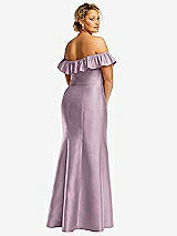 Rear View Thumbnail - Suede Rose Off-the-Shoulder Ruffle Neck Satin Trumpet Gown