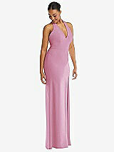 Alt View 1 Thumbnail - Powder Pink Plunge Neck Halter Backless Trumpet Gown with Front Slit