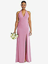 Alt View 2 Thumbnail - Powder Pink Plunge Neck Halter Backless Trumpet Gown with Front Slit