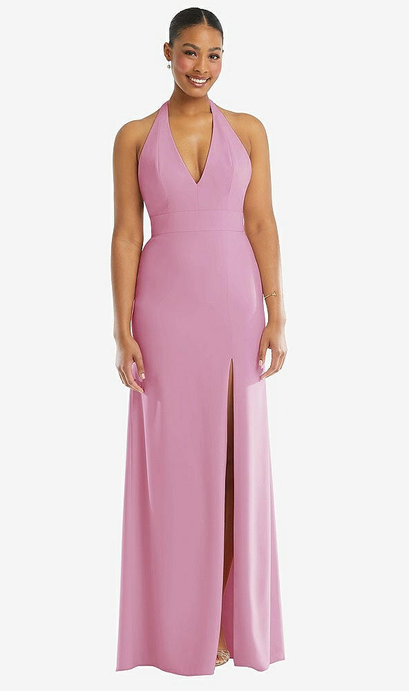 Front View - Powder Pink Plunge Neck Halter Backless Trumpet Gown with Front Slit
