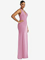 Side View Thumbnail - Powder Pink Plunge Neck Halter Backless Trumpet Gown with Front Slit