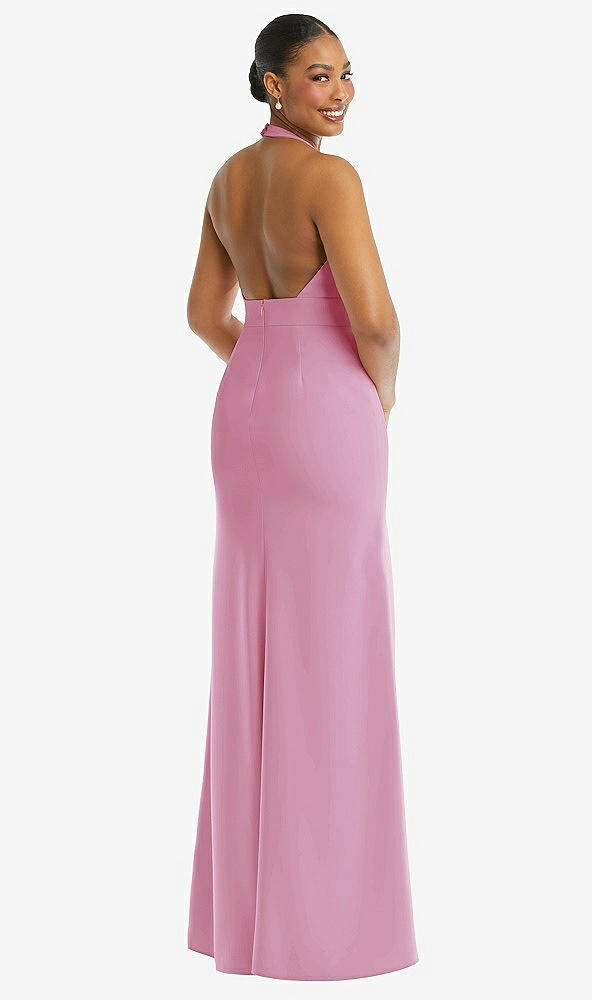 Back View - Powder Pink Plunge Neck Halter Backless Trumpet Gown with Front Slit