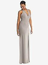 Alt View 1 Thumbnail - Taupe Plunge Neck Halter Backless Trumpet Gown with Front Slit
