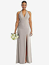 Alt View 2 Thumbnail - Taupe Plunge Neck Halter Backless Trumpet Gown with Front Slit