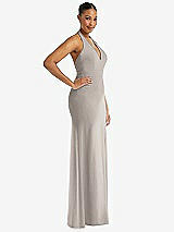 Side View Thumbnail - Taupe Plunge Neck Halter Backless Trumpet Gown with Front Slit