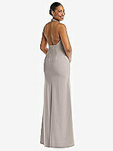 Rear View Thumbnail - Taupe Plunge Neck Halter Backless Trumpet Gown with Front Slit