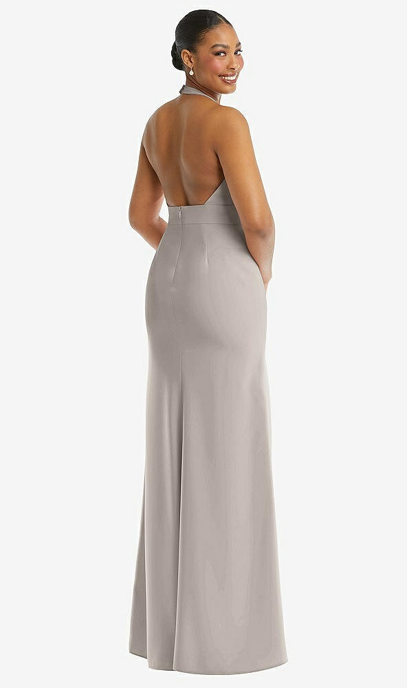 Back View - Taupe Plunge Neck Halter Backless Trumpet Gown with Front Slit