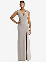 Front View Thumbnail - Taupe Deep V-Neck Closed Back Crepe Trumpet Gown with Front Slit