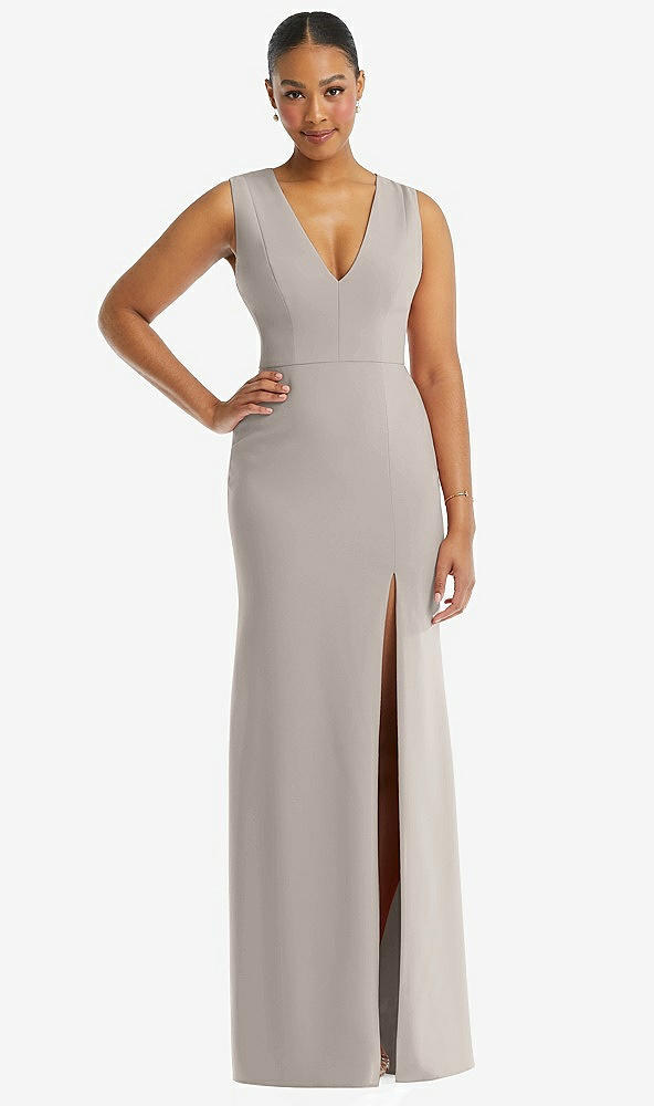 Front View - Taupe Deep V-Neck Closed Back Crepe Trumpet Gown with Front Slit