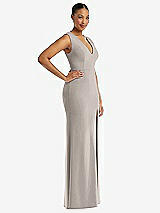 Side View Thumbnail - Taupe Deep V-Neck Closed Back Crepe Trumpet Gown with Front Slit