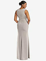 Rear View Thumbnail - Taupe Deep V-Neck Closed Back Crepe Trumpet Gown with Front Slit