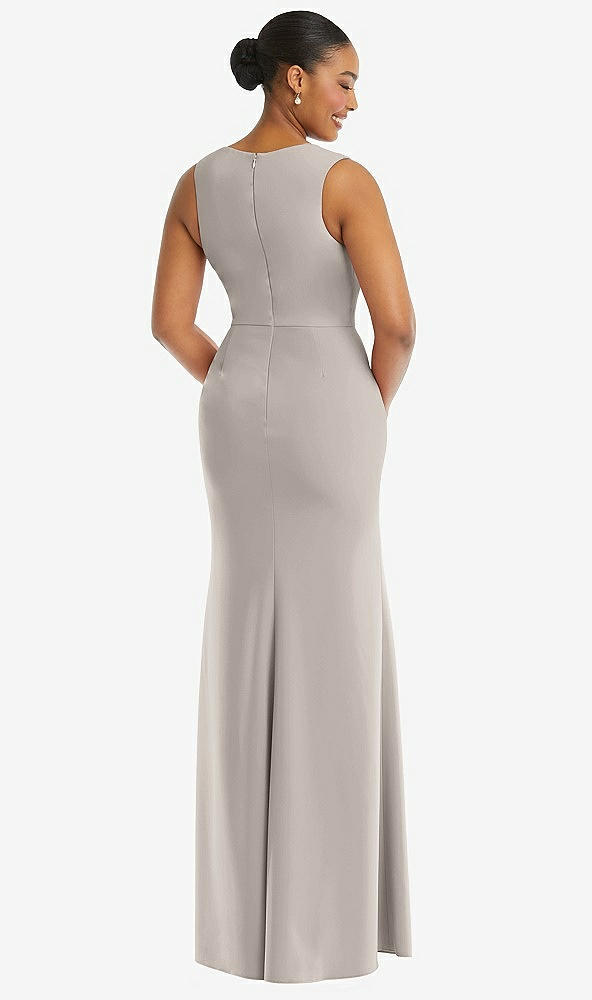 Back View - Taupe Deep V-Neck Closed Back Crepe Trumpet Gown with Front Slit
