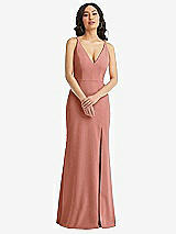 Front View Thumbnail - Desert Rose Skinny Strap Deep V-Neck Crepe Trumpet Gown with Front Slit