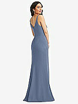 Rear View Thumbnail - Larkspur Blue Skinny Strap Deep V-Neck Crepe Trumpet Gown with Front Slit
