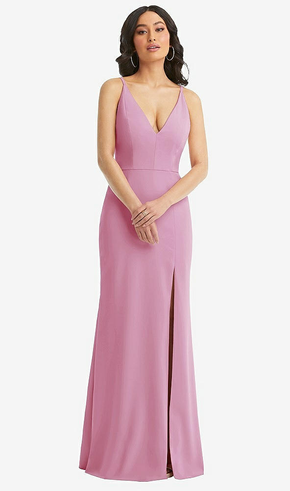Front View - Powder Pink Skinny Strap Deep V-Neck Crepe Trumpet Gown with Front Slit