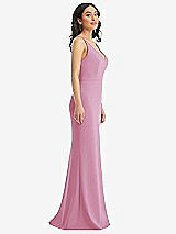 Side View Thumbnail - Powder Pink Skinny Strap Deep V-Neck Crepe Trumpet Gown with Front Slit