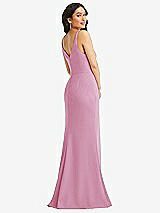 Rear View Thumbnail - Powder Pink Skinny Strap Deep V-Neck Crepe Trumpet Gown with Front Slit