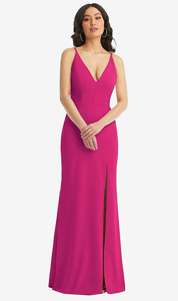 Front View - Think Pink Skinny Strap Deep V-Neck Crepe Trumpet Gown with Front Slit